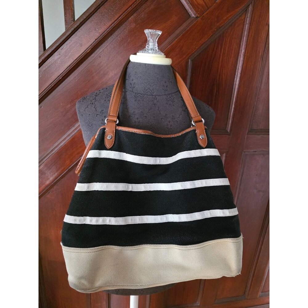 Ralph Lauren Canvas Striped Tote Bag Leather Handles Large Shoulder Bag